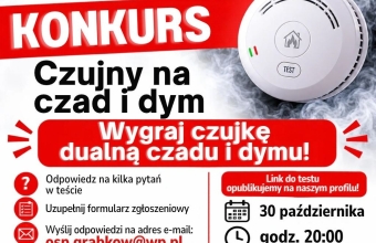 kolorowa grafika z czerwonymi elementami i bialymi napisami na zdjeciu czujka dymu i czadu